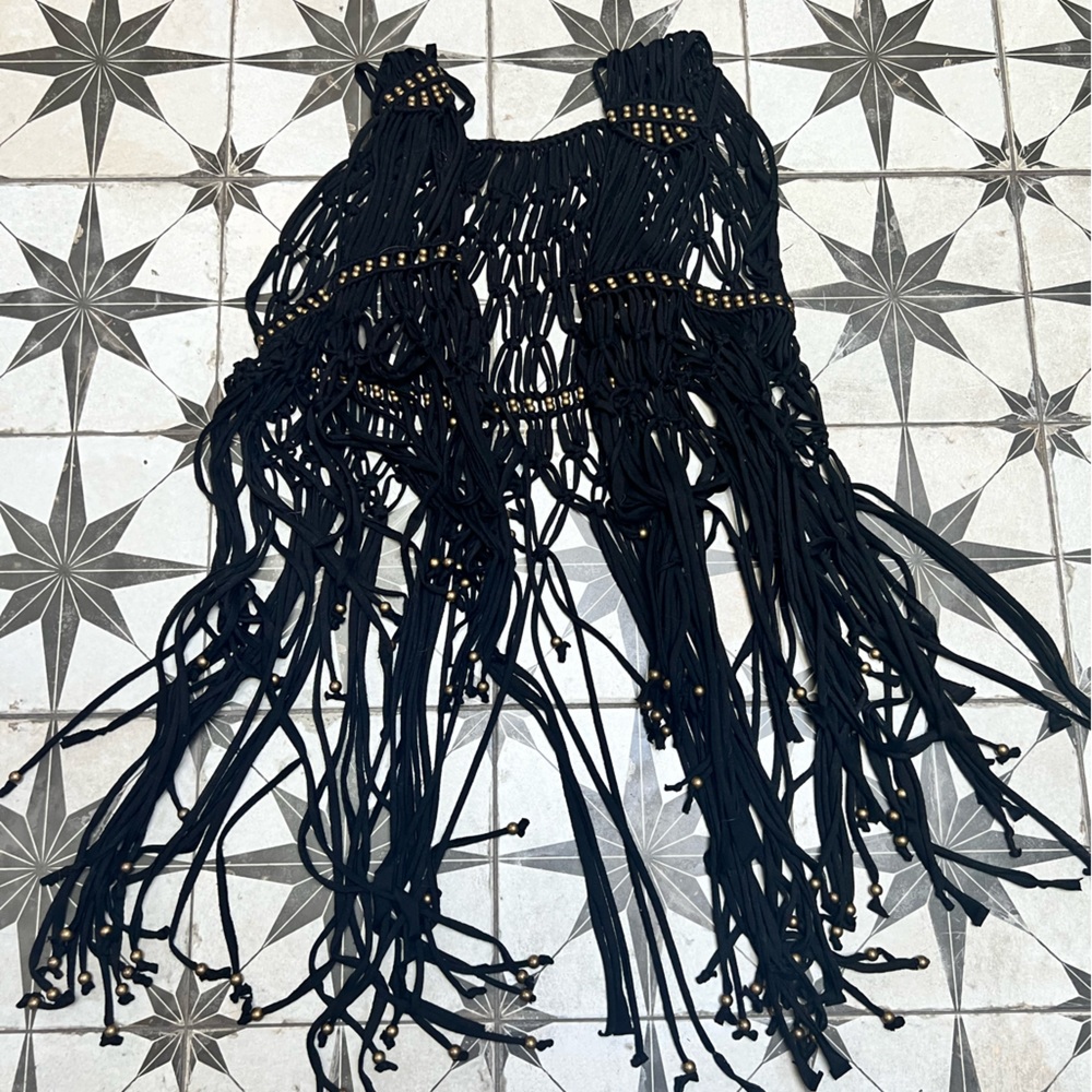 Black fringe crochet, beaded festival boho vest